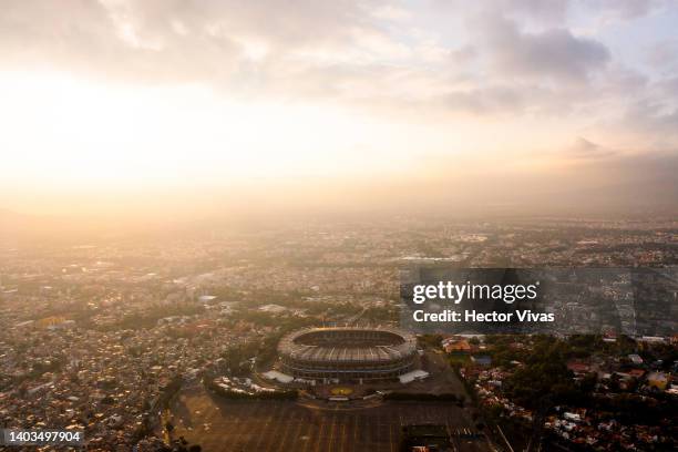 Aerial view of Azteca Stadium on June 17, 2022 in Mexico City, Mexico. Mexico will host the 2026 FIFA World Cup sharing the organization with Canada...