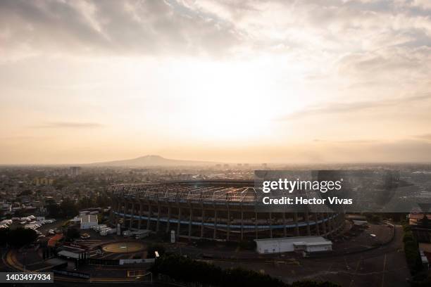 Aerial view of Azteca Stadium on June 17, 2022 in Mexico City, Mexico. Mexico will host the 2026 FIFA World Cup sharing the organization with Canada...