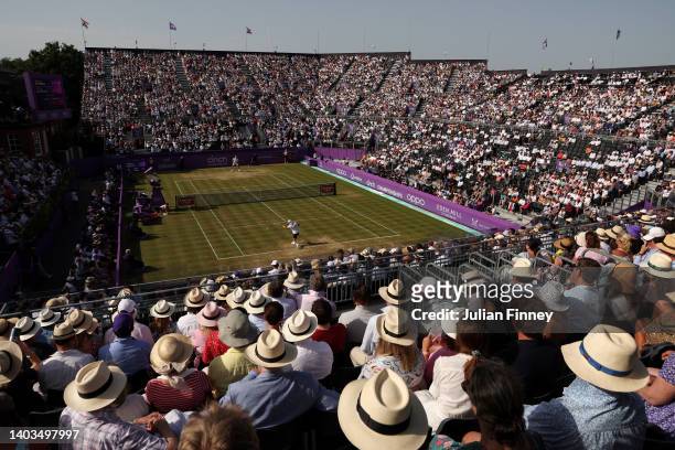 General view as Ryan Peniston of Great Britain plays a forehand against Filip Krajinovic of Serbia during the Men's Singles Quarter Final match on...