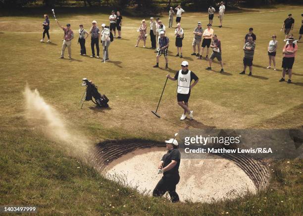 Aldrich Potgieter of South Africa plays out of a bunker on the 3rd hole during the Semi Finals on day five of the R&A Amateur Championship at Royal...