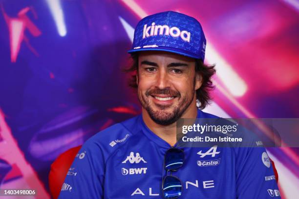 Fernando Alonso of Spain and Alpine F1 looks on in the Drivers Press Conference prior to practice ahead of the F1 Grand Prix of Canada at Circuit...