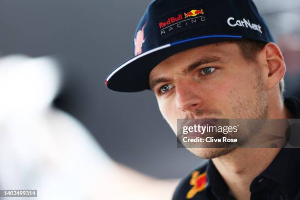 Max Verstappen of the Netherlands and Oracle Red Bull Racing talks to the media in the Paddock prior to practice ahead of the F1 Grand Prix of Canada...
