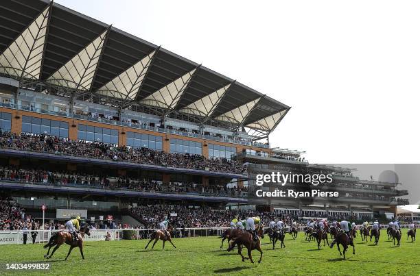 Horses race down the main straight during the Sandringham Stakes on Day Four during Royal Ascot 2022 at Ascot Racecourse on June 17, 2022 in Ascot,...