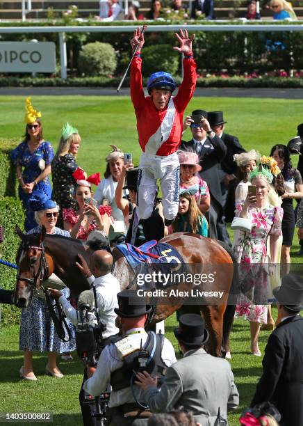 Frankie Dettori celebrates by jumping off Inspiral after winning The Coronation Stakes on day four of Royal Ascot 2022 at Ascot Racecourse on June...