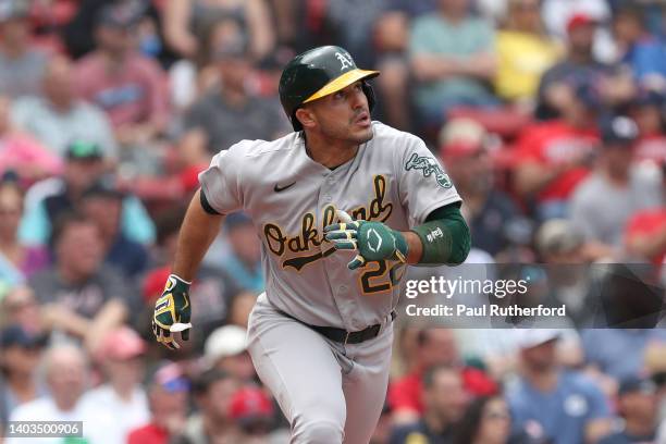 Ramon Laureano of the Oakland Athletics hits a double during the third inning against the Boston Red Sox at Fenway Park on June 16, 2022 in Boston,...