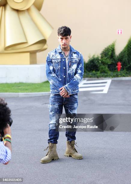 Tony Effe arrives at the Dsquared2 fashion show during the Milan Fashion Week S/S 2023 on June 17, 2022 in Milan, Italy.