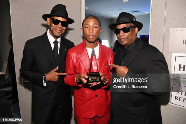 Jimmy Jam, Inductee Pharrell Williams and Terry Lewis pose backstage at the Songwriters Hall of Fame 51st Annual Induction and Awards Gala at...