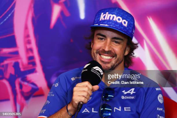 Fernando Alonso of Spain and Alpine F1 talks in the Drivers Press Conference prior to practice ahead of the F1 Grand Prix of Canada at Circuit Gilles...