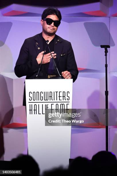 Inductee Chad Hugo of The Neptunes speaks onstage at the Songwriters Hall of Fame 51st Annual Induction and Awards Gala at Marriott Marquis on June...