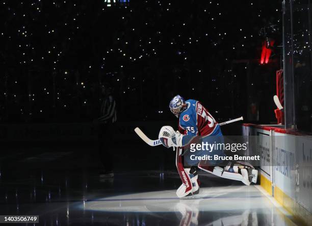 Darcy Kuemper of the Colorado Avalanche skates out to face the Tampa Bay Lightning during Game One of the 2022 NHL Stanley Cup Final at Ball Arena on...