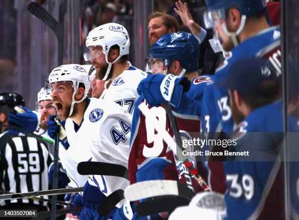 Jan Rutta of the Tampa Bay Lightning argues a call during the game against the Colorado Avalanche during Game One of the 2022 NHL Stanley Cup Final...