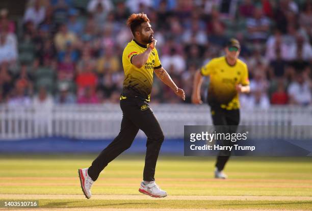 Mohammad Amir of Gloucestershire celebrates the wicket of Will Smeed of Somerset during the Vitality T20 Blast match between Somerset and...