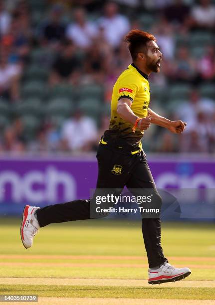 Mohammad Amir of Gloucestershire celebrates the wicket of Will Smeed of Somerset during the Vitality T20 Blast match between Somerset and...