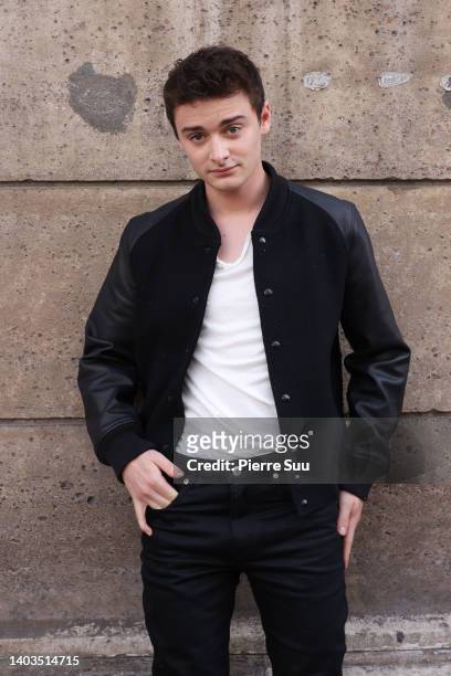 Noah Schnapp is seen arriving at the Zadig & Voltaire Fall Winter 2022 2023 show on June 17, 2022 in Paris, France.