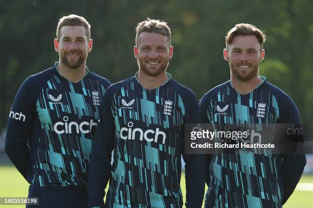 England's centurions Dawid Malan, Jos Buttler and Phil Salt pose for a picture after the 1st One Day International between Netherlands and England at...