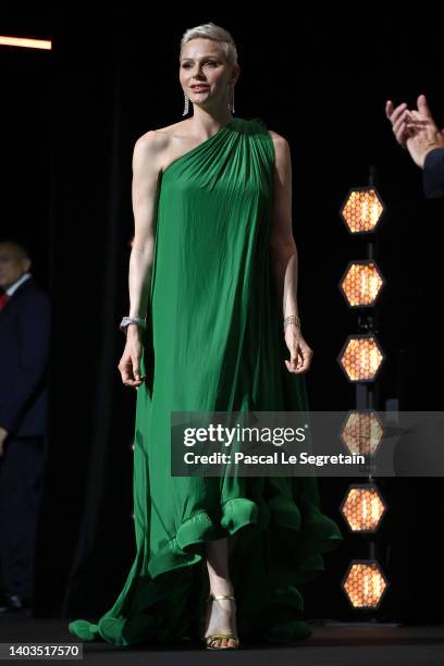 Princess Charlene of Monaco arrives on stage during the opening ceremony during the 61st Monte Carlo TV Festival on June 17, 2022 in Monte-Carlo,...