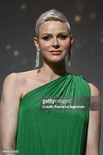 Princess Charlene of Monaco arrives on stage during the opening ceremony during the 61st Monte Carlo TV Festival on June 17, 2022 in Monte-Carlo,...