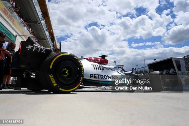 Lewis Hamilton of Great Britain driving the Mercedes AMG Petronas F1 Team W13 leaves the garage during practice ahead of the F1 Grand Prix of Canada...