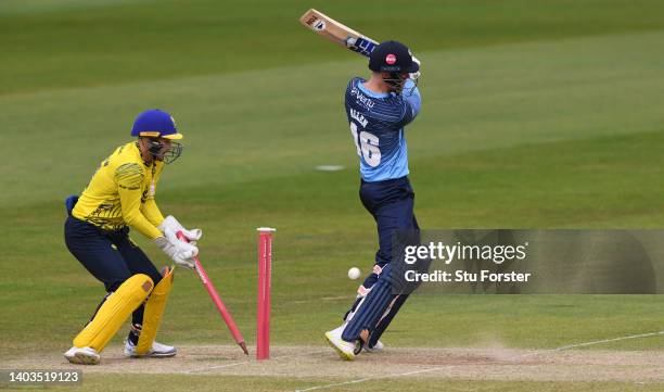 Durham wicketkeeper Ollie Robinson looks on as Finn Allen of Yorkshire is bowled by Scott Borthwick during the Vitality T20 Blast match between...