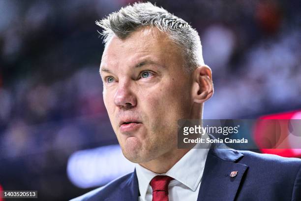 Sarunas Jasikevicius, coach of FC Barcelona during the Liga Endesa match between Real Madrid and FC Barcelona at Wizink Center on June 17, 2022 in...