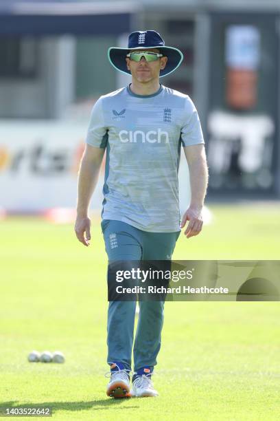 England Captain Eoin Morgan warms up before the 1st One Day International between Netherlands and England at VRA Cricket Ground on June 17, 2022 in...