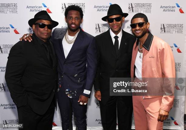 Terry Lewis, Fabolous, Jimmy Jam and Usher pose backstage at the Songwriters Hall of Fame 51st Annual Induction and Awards Gala at Marriott Marquis...