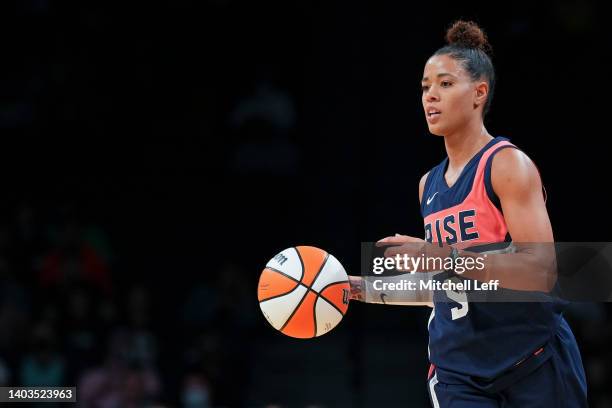 Natasha Cloud of the Washington Mystics dribbles the ball against the New York Liberty at the Barclays Center on June 16, 2022 in the Brooklyn...