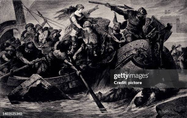 a norse raid under olaf tryggvesson (xxxl with lots of details) - viking art stock illustrations