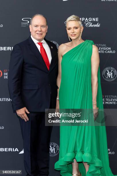 Princess Charlene of Monaco and Prince Albert II of Monaco attends the opening ceremony during the 61st Monte Carlo TV Festival on June 17, 2022 in...