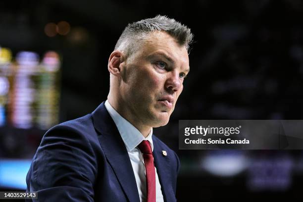 Sarunas Jasikevicius, coach of FC Barcelona reacts during the Liga Endesa match between Real Madrid and FC Barcelona at Wizink Center on June 17,...