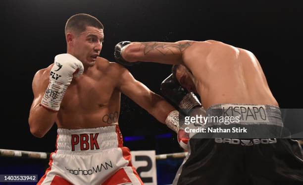 Josh Kelly punches Peter Kramer during the Super Welterweight fight between Josh Kelly and Peter Kramer as part of the Wasserman fight night at M&S...
