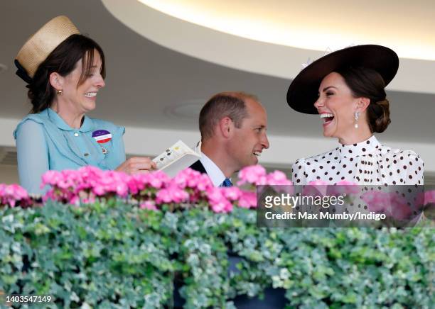 Martha Vestey, Prince William, Duke of Cambridge and Catherine, Duchess of Cambridge watch the racing from the Royal Box as they attend day 4 of...