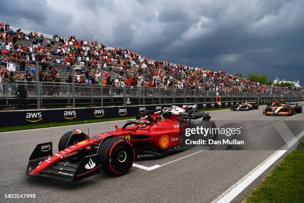 Charles Leclerc of Monaco driving the Ferrari F1-75 lines up ahead of others to practice starts at the end of practice ahead of the F1 Grand Prix of...