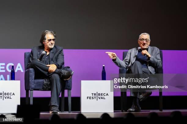 Al Pacino and Robert De Niro speak on stage at the "Heat" Premiere during 2022 Tribeca Festival at United Palace Theater on June 17, 2022 in New York...