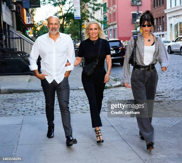 Joseph Jingoli, Yolanda Hadid and Bella Hadid are seen outside at Zero Bond on June 17, 2022 in New York City.