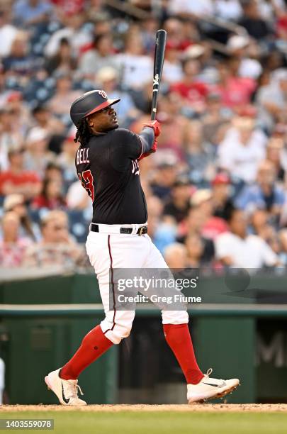 Josh Bell of the Washington Nationals hits a two-run home run in the fourth inning against the Philadelphia Phillies during game two of a...