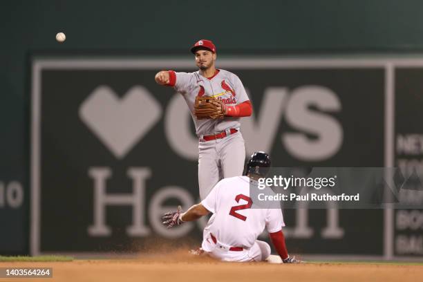 Nolan Arenado of the St. Louis Cardinals throws to first base for a double play during the sixth inning against the Boston Red Sox at Fenway Park on...