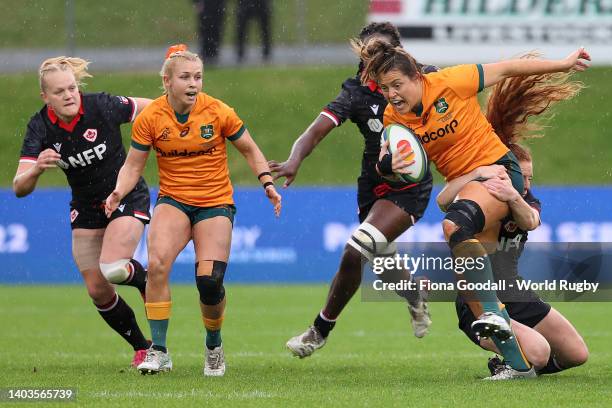 Grace Hamilton of Australia runs with the ball during the 2022 Pacific Four Series match between the Australia Wallaroos and Canada at Semenoff...