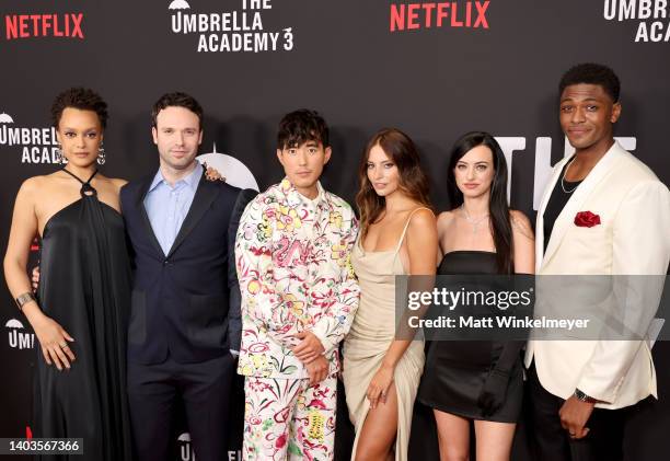 Britne Oldford, Jake Epstein, Justin H. Min, Génesis Rodríguez, Cazzie David and Justin Cornwell attend the Season 3 Premiere of Netflix's "The...