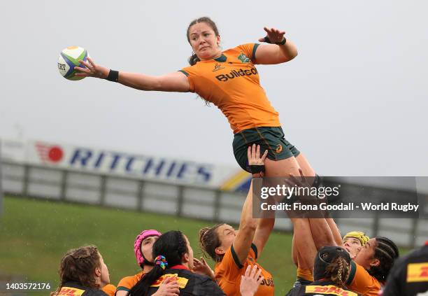 Michaela Leonard of Australia competes in the lineout during the 2022 Pacific Four Series match between the Australia Wallaroos and Canada at...