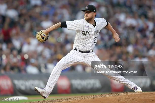 Starting pitcher Kyle Freeland of the Colorado Rockies throws against the San Diego Padres in the fifth inning at Coors Field on June 17, 2022 in...