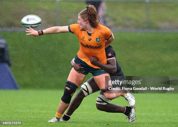 Grace Kemp of Australia passes during the 2022 Pacific Four Series match between the Australia Wallaroos and Canada at Semenoff Stadium on June 18,...
