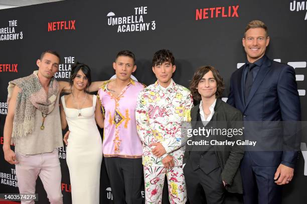 Robert Sheehan, Ritu Arya, David Castañeda, Justin H. Min, Aidan Gallagher, and Tom Hopper attend the Umbrella Academy S3 Netflix Screening at The...