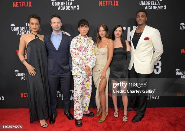 Britne Oldford, Jake Epstein, Justin H. Min, Genesis Rodriguez, Cazzie David, and Justin Cornwell attend the Umbrella Academy S3 Netflix Screening at...