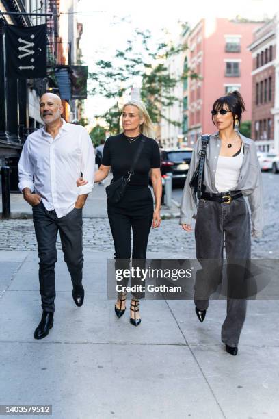 Joseph Jingoli, Yolanda Hadid and Bella Hadid are seen in NoHo on June 17, 2022 in New York City.