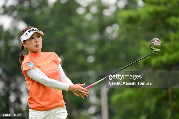 Chie Arimura of Japan hits her tee shot on the 9th hole during the second round of Nichirei Ladies at Sodegaura Country Club Shinsode Course on June...