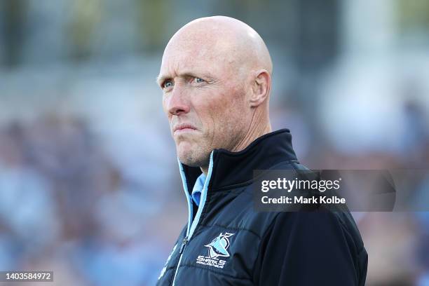 Sharks coach Craig Fitzgibbon watches on during the warm-up before the round 15 NRL match between the Cronulla Sharks and the Gold Coast Titans at ,...