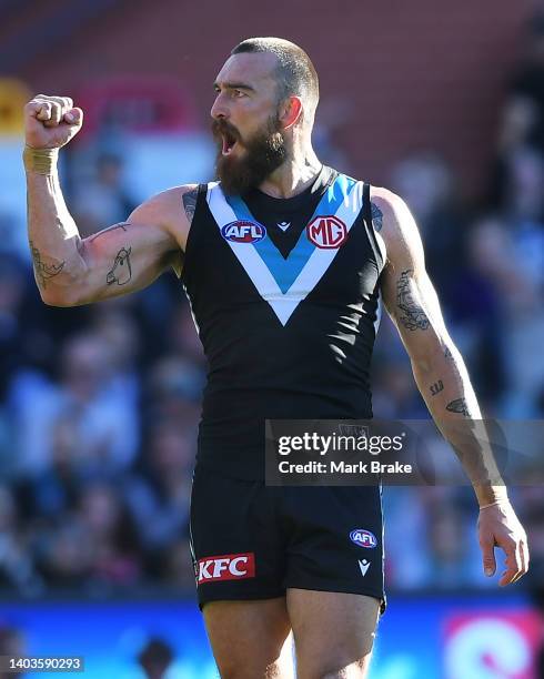 Charlie Dixon of Port Adelaide celebrates a goal during the round 14 AFL match between the Port Adelaide Power and the Sydney Swans at Adelaide Oval...