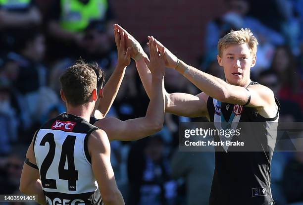 Todd Marshall of Port Adelaide celebrates a goal ADELAIDE, AUSTRALIA during the round 14 AFL match between the Port Adelaide Power and the Sydney...