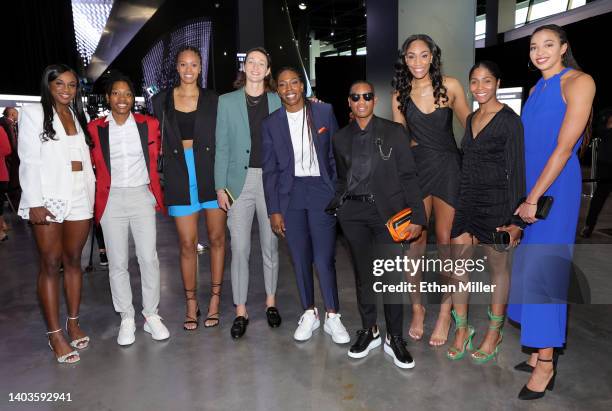 Las Vegas Aces players Jackie Young and Aisha Sheppard, future Aces player Iliana Rupert, and Aces players Theresa Plaisance, Chelsea Gray, Riquna...